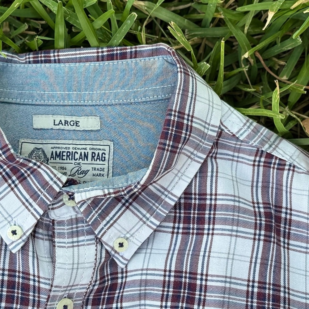 American Rag Men's L Plaid Button Down Shirt White Maroon Blue Cotton Blend